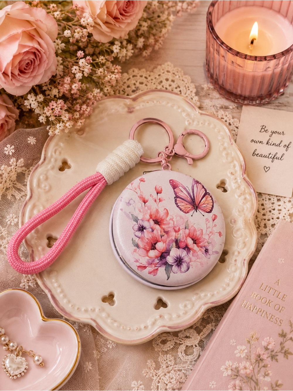 🌸 Floral Butterfly Compact Mirror Keychain Wristlet – NEW